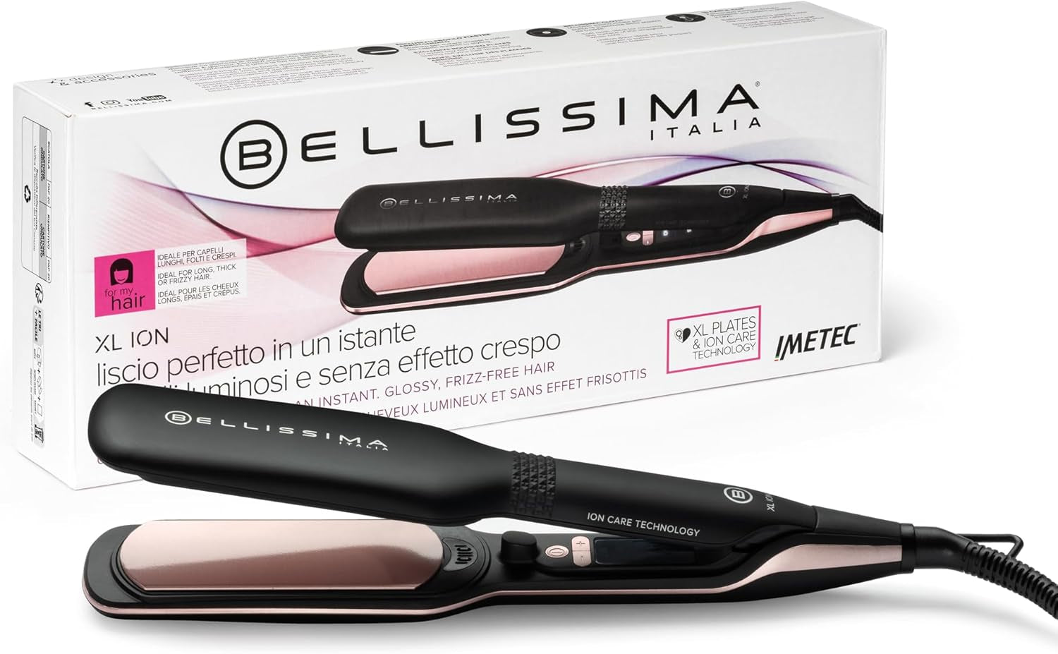 Imetec XL ION, Piastra per Capelli Lisci, Piastre Larghe, Ionizzatore, Rivestimento Ceramica E Cheratina, 5 Temperature Da 150 a 230°C, Riscaldamento Rapido, Cavo 1,8 M